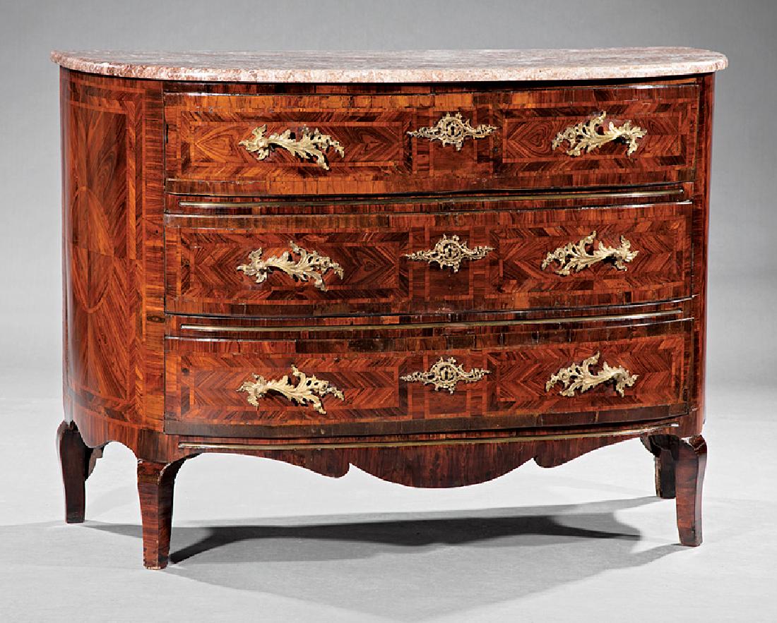 Neoclassical Walnut Parquetry Demilune Commode: Continental Neoclassical Walnut Parquetry Demilune Commode, 18th c., probably Italian, marble top, three paneled doors, shaped base, tall flared feet, h. 38 in., w. 52 in., d. 23 1/2 in. Note: Later m