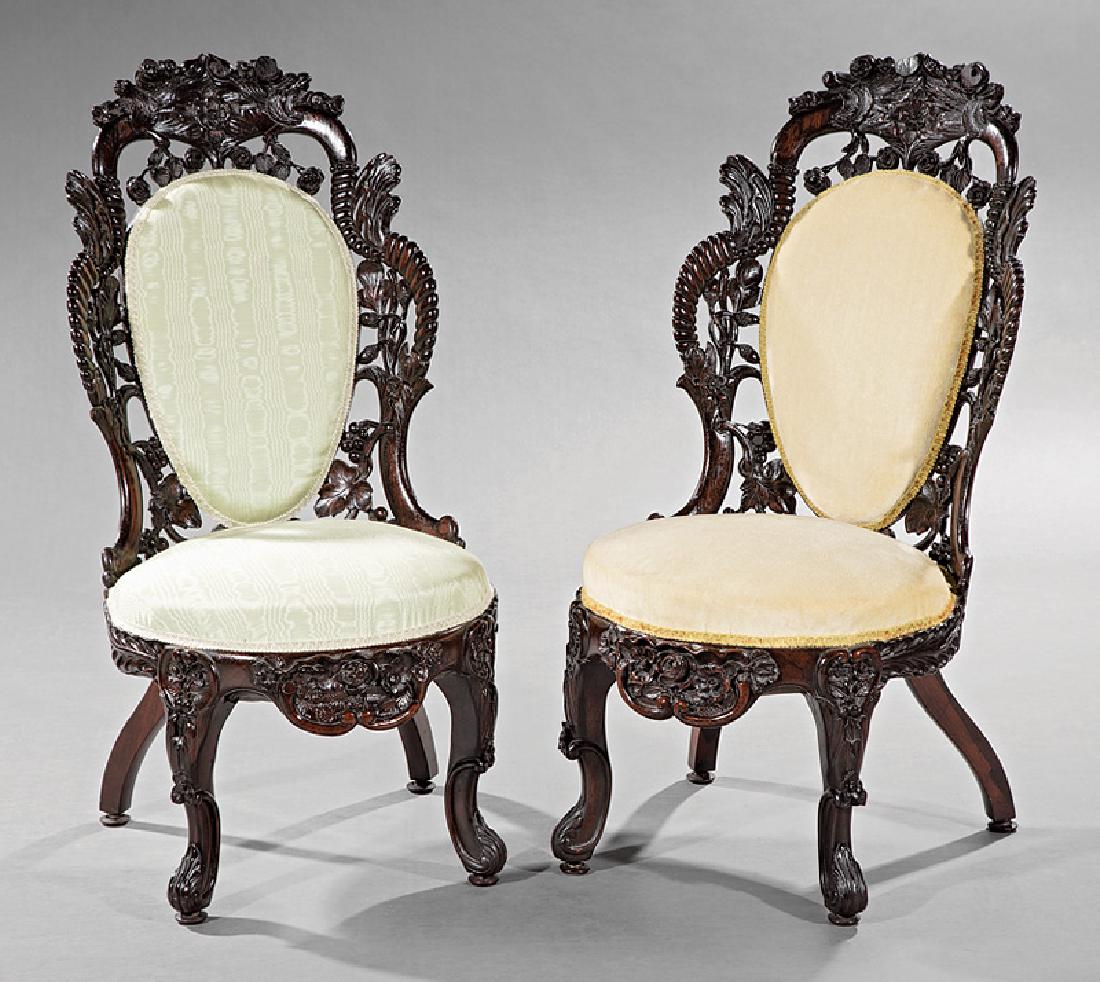 Carved and Laminated Rosewood Side Chairs, Belter: Pair of American Rococo Carved and Laminated Rosewood Side Chairs, c. 1850-1860, attr. to John Henry Belter, New York, in the pattern commonly referred to as "Cornucopia", floral-carved reticulated cr