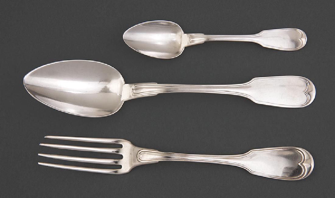 Wood & Hughes Coin Silver Fiddlethread Flatware: New Orleans Coin Silver Fiddlethread Flatware, ret. A.B. Griswold & Co., New Orleans, wc. 1865-1906, made by Wood & Hughes, New York, wc. 1845-1899, incl. 7 table forks, l. 8 1/8 in., 5 tablespoons, l