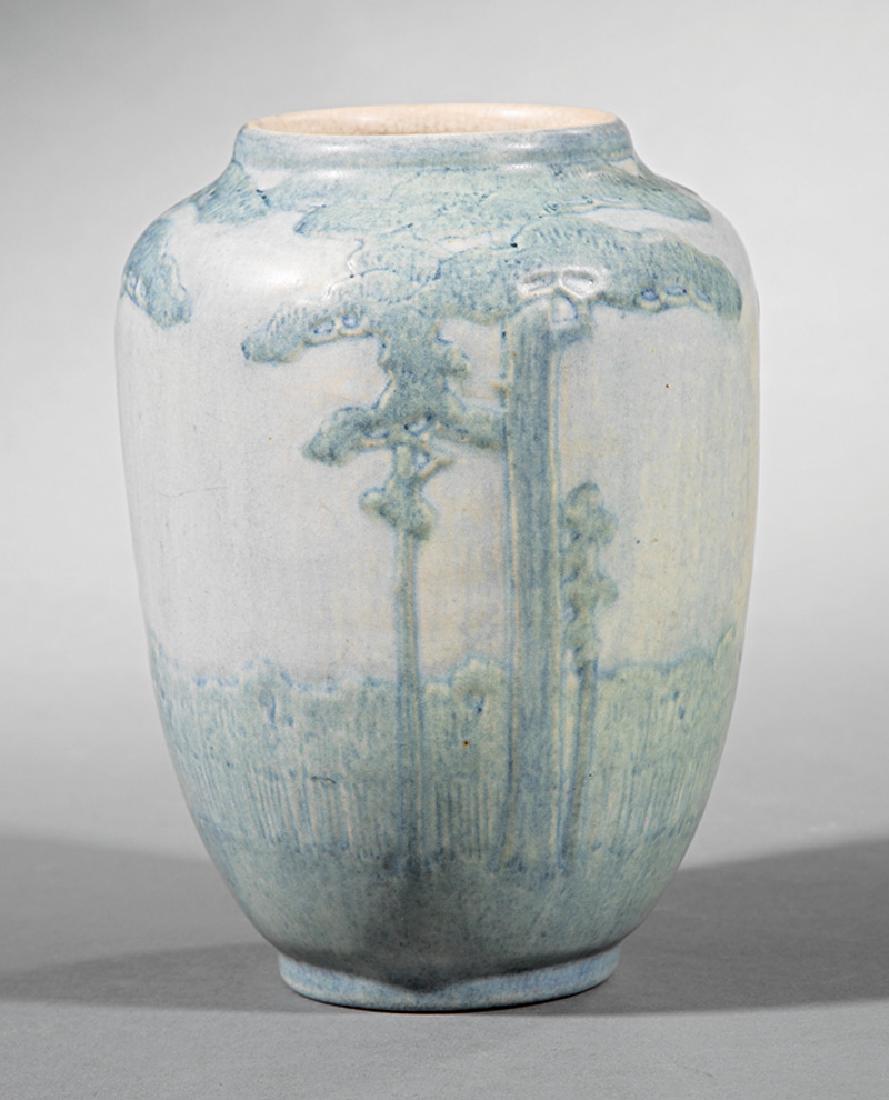 Newcomb College Art Pottery Vase: Newcomb College Art Pottery Vase, 1916, decorated by Anna Frances Simpson with low relief-carved landscape in the pine trees design, matte glaze with blue and green underglaze, base marked with Newcom