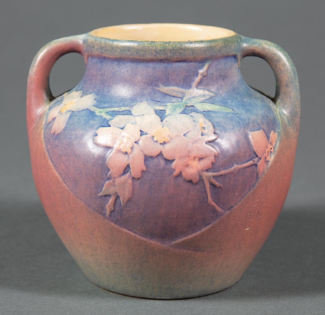 Newcomb College Art Pottery Two-Handled Vase: Newcomb College Art Pottery Two-Handled Vase, 1917, decorated by Sadie Irvine with relief-carved flowering dogwood motif and lines, matte glaze with blue, green, pink and yellow underglaze, base marke