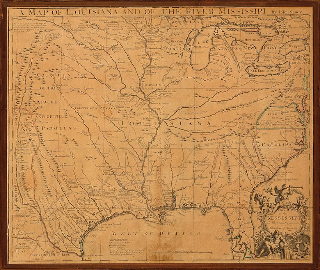 John Senex, Map: John Senex, "A Map of Louisiana and of the River Mississipi", London, 1721, famously plagiarized from Delisle's original 1718 map, mounted on board, framed, 19 in. x 23 in.,