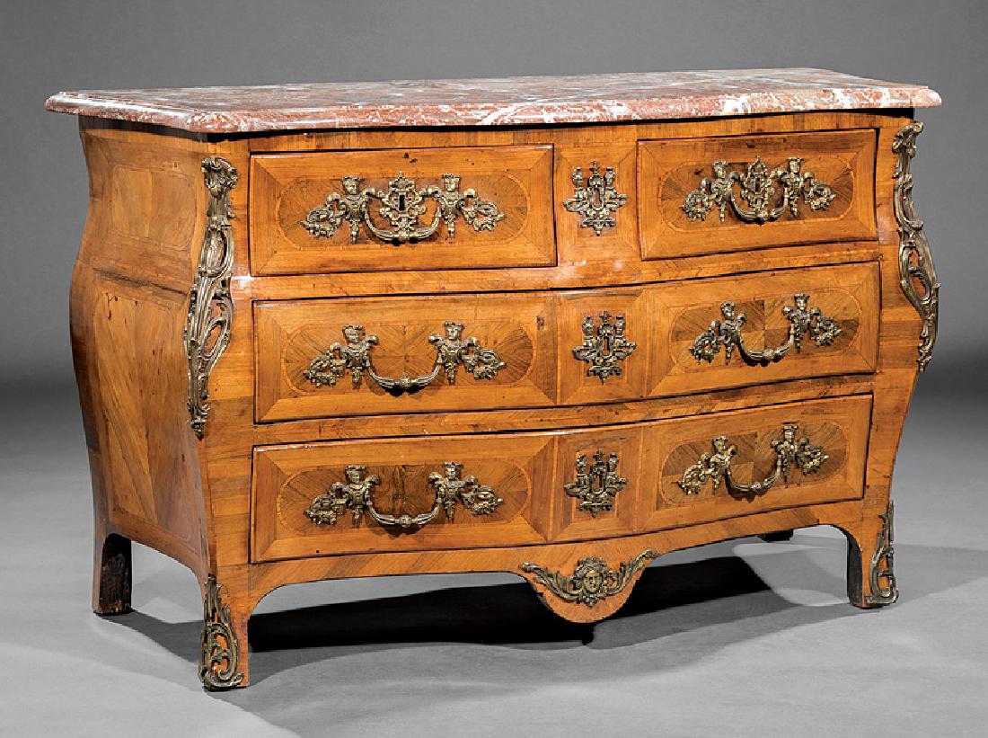 Regence Inlaid Kingwood Bombé Commode: Regence Inlaid Kingwood Bombé Commode, 18th c., serpentine marble top, three drawers, shaped base, flared feet, h. 36 in., w. 57 1/2 in., d. 26 in