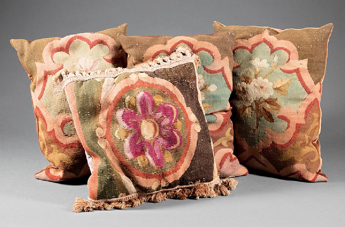 Four Aubusson Pillows: Four Antique Aubusson Pillows . Provenance: Williamson-LeBlanc Collection, Cornstalk Fence House, New Orleans