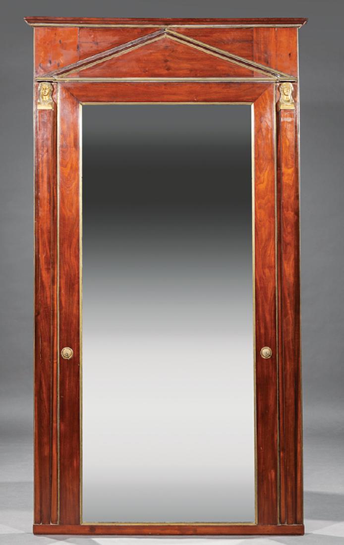 French Empire Mahogany Overmantel Mirror: French Empire Mahogany Overmantel Mirror, early 19th c., architectonic pediment, female bust bronze supports, detachable mounts in the form of the winged Nike, divided mirror plate, h. 89 in., w. 47 i