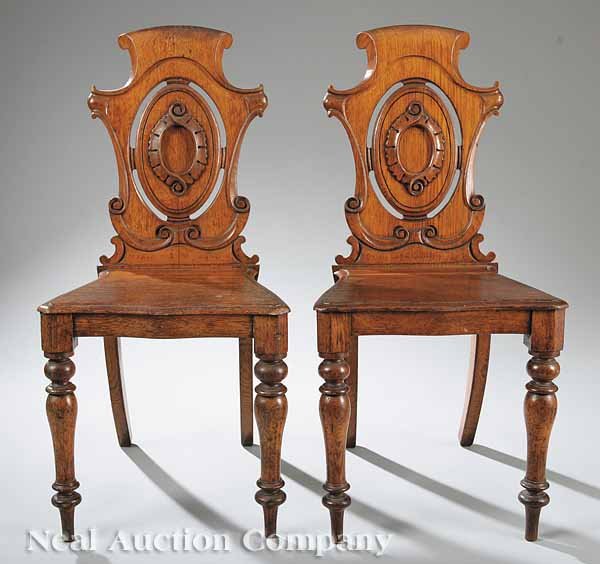 Pair of Regency Revival Carved Oak Hall Chairs