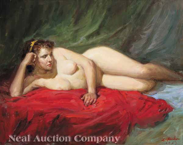 Lajos Markos, oil on board, signed: Lajos Markos (Hungarian/American, 1917-1993) , "Reclining Nude", oil on board, signed and dated "1987" lower right, 24 in. x 32 in., artist plaque on frame * NO RETURNS ARE ACCEPTED ON THE BASIS OF CO