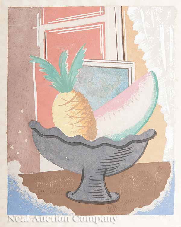 Konrad Cramer, colored print, pencil-signed: Konrad Cramer (German/American, 1888-1963), "Still Life of Fruit", colored print, pencil-signed and dated "34", artist's proof, artist's stamp en verso of mat, image 10 in. x 8 in., sheet 12 1/2 in. x