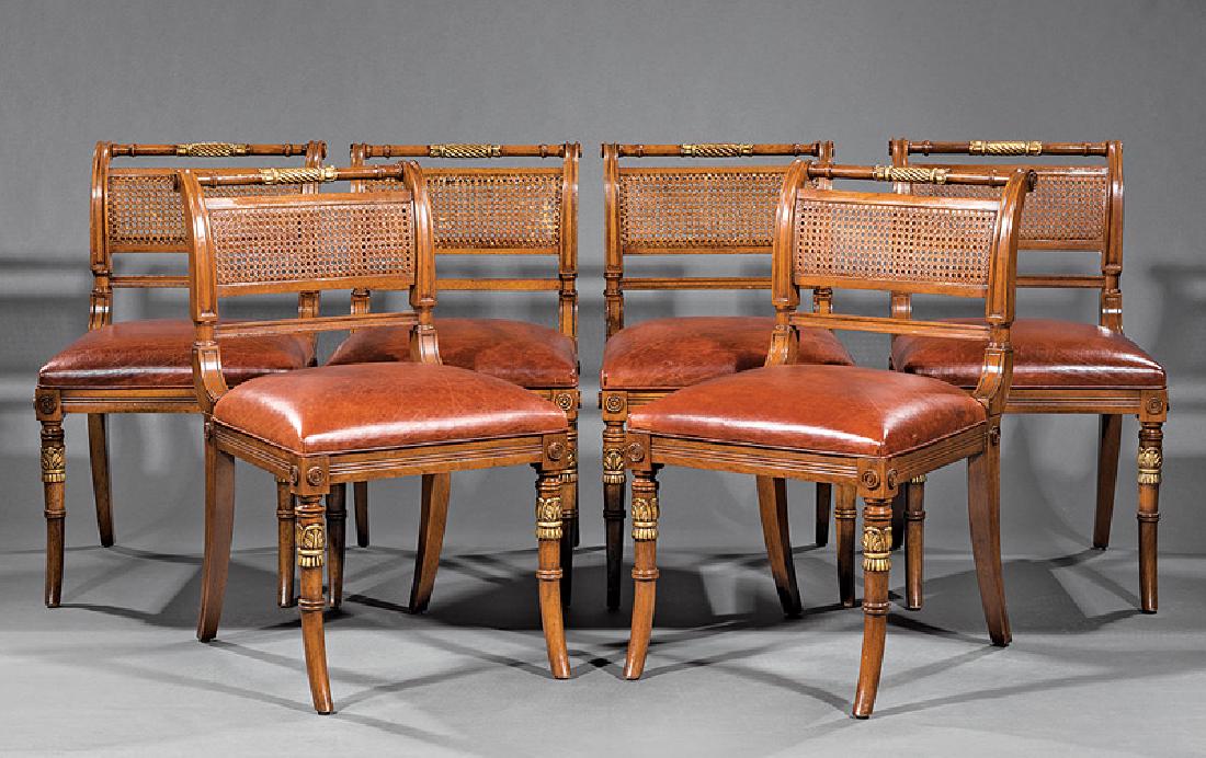 Six Regency-Style Gilded Mahogany Side Chairs: Six Regency-Style Gilded Mahogany Side Chairs, caned back, fluted seat rail, foliate-carved flared legs, h. 35 in., w. 20 in., d. 21 in