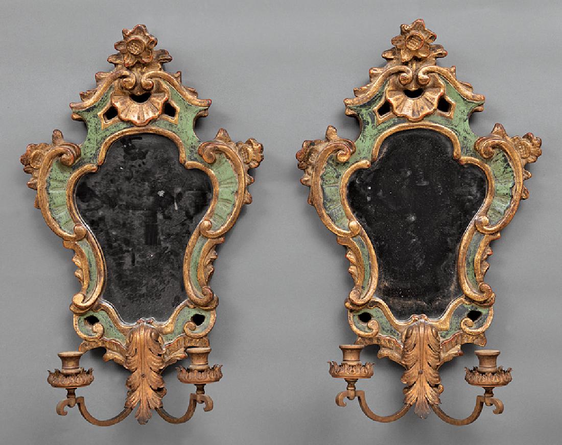 Italian Green Painted, Parcel Gilt Sconces: Pair of Italian Green Painted and Parcel Gilt Two-Light Mirrored Sconces, shell and foliate carved backplate, h. 24 in., w. 14 in., d. 7 in