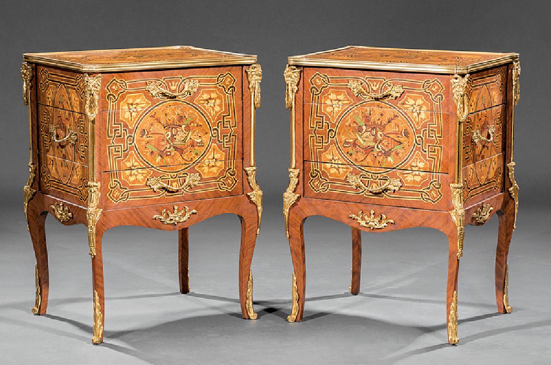 Bronze-Mounted Marquetry Kingwood Petite Commodes: Pair of Louis XVI-Style Bronze-Mounted Marquetry and Kingwood Petite Commodes, mounted with animal masks, shaped apron, cabriole legs, sabots, h. 32 in., w. 23 in., d. 18 in