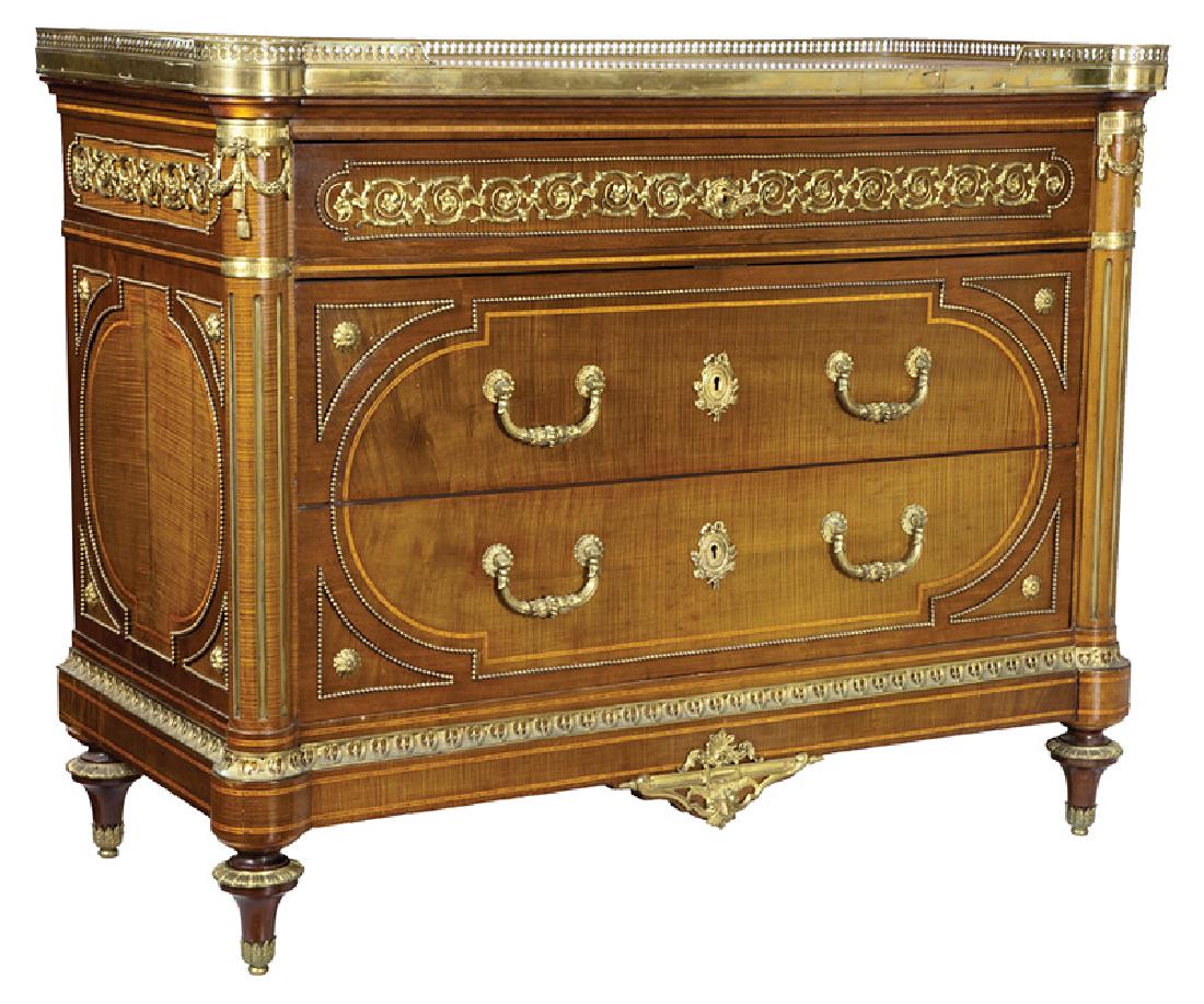English Bronze-Mounted, Inlaid Mahogany Commode: Fine English Bronze-Mounted and Inlaid Mahogany Commode, 19th c., in the Louis XVI taste, inset rouge marble top, brass gallery, frieze drawer with ornate foliate decoration, two lower drawers, stop f