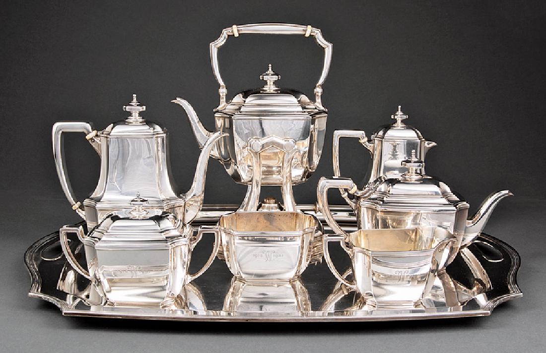 Tiffany & Co. Makers Tea and Coffee Service: Tiffany & Co. Makers Sterling Silver Tea and Coffee Service, "Hampton" pattern 18389, introduced 1934, incl. kettle-on-stand, h. (to top of handle) 12 in.; teapot; coffee pot; hot milk pitcher; sugar,