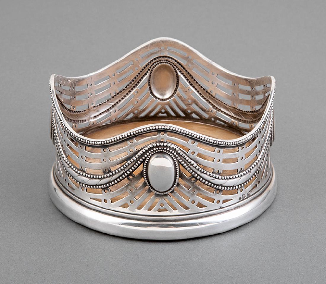 Wurttembergische Metallwarenfabrik Wine Coaster: WMF (Wurttembergische Metallwarenfabrik) Silverplate Wine Coaster, early 20th c., reticulated gallery with oval cabochons and beaded swags, turned wood bottom, h. 2 1/2 in., dia. 4 3/4 in