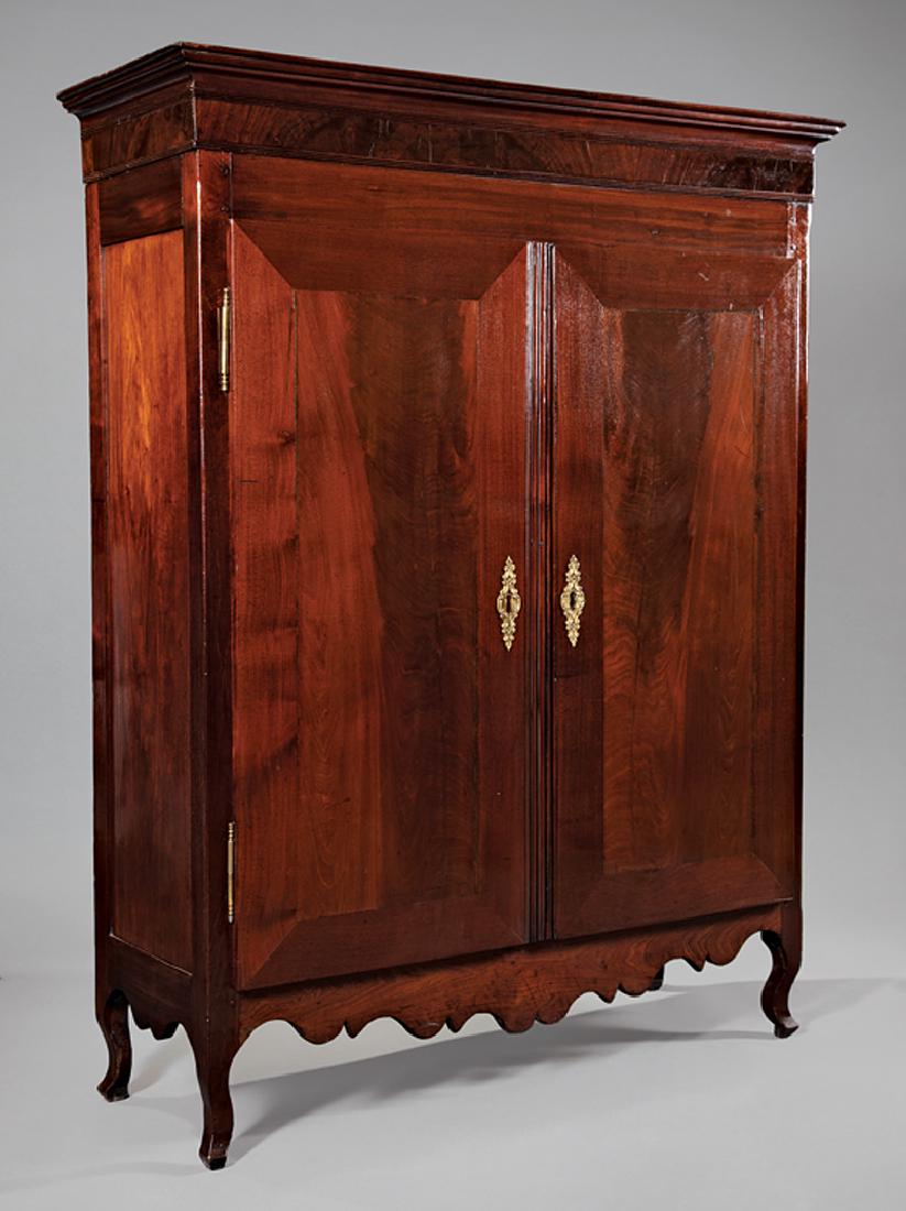 Creole or West Indies Mahogany Petite Armoire: Rare Creole or West Indies Mahogany Petite Armoire, early 19th c., cove-molded cornice with reeded band, veneered frieze with reeded banding, flush paneled doors with reeded center stile, scalloped sk