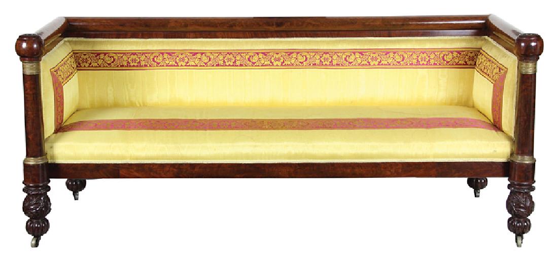 Classical Ormolu-Mounted Mahogany Box Sofa: American Classical Ormolu-Mounted Mahogany Box Sofa, early 19th c., New York, likely Duncan Phyfe, cylindrical crest rail, columnar uprights, turned acanthus-carved legs, lobed feet, casters, h. 33 1/