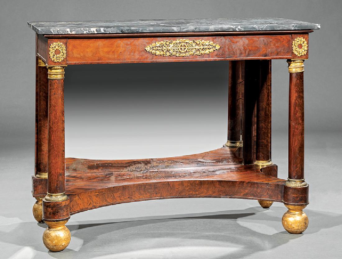 Bronze-Mounted Gilded Carved Mahogany Pier Table: Very Fine American Classical Bronze-Mounted, Gilded and Carved Mahogany Pier Table, New York, gris de Ste. Anne marble top, mounted frieze, bronze collared supports, mirrored back, incurvate plinth, b
