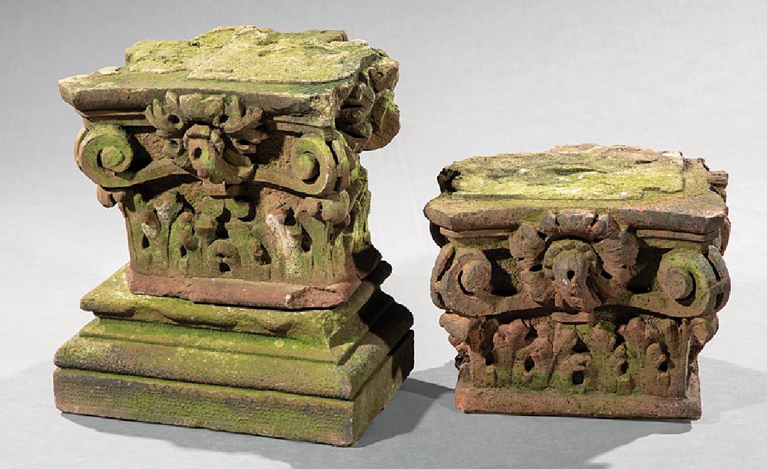 Pair of Carved Stone Corinthian Capitals: Pair of Antique Carved Stone Corinthian Capitals, 19th c., carved on three sides, with volutes and acanthus leaves, h. 10 1/2 in., w. 13 in., d. 11 in.; together with a single abacus, h. 5 1/2 in., w.