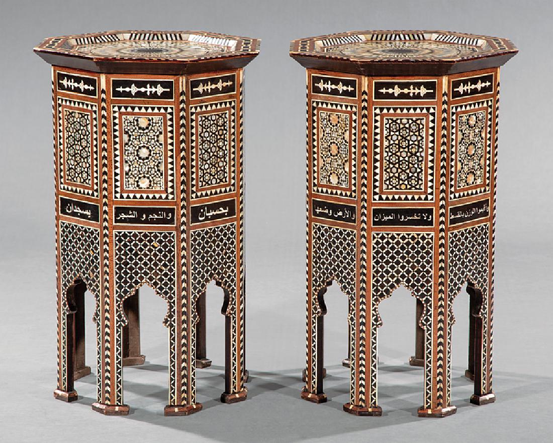 Pair of Moorish Inlaid Hardwood Tabourets: Pair of Moorish Inlaid Hardwood Tabourets, octagonal top, conforming body decorated with geometric patterns and Arabic script, chamfered legs, h. 34 1/4 in., w. 17 in., d. 17 in