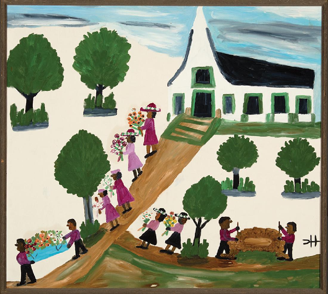 Clementine Hunter (American/Louisiana, 1886-1988): Clementine Hunter (American/Louisiana, 1886-1988), "Funeral Procession", oil on stretched window shade, monogrammed lower right, 28 3/4 in. x 32 in., framed