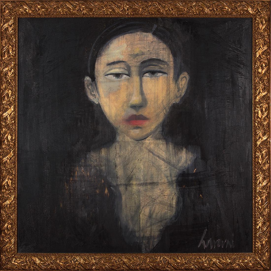 David Harouni (Iranian/New Orleans, b. 1962): David Harouni (Iranian/New Orleans, b. 1962), "Untitled (Woman)", oil on canvas, signed lower right, 36 in. x 36 in., framed