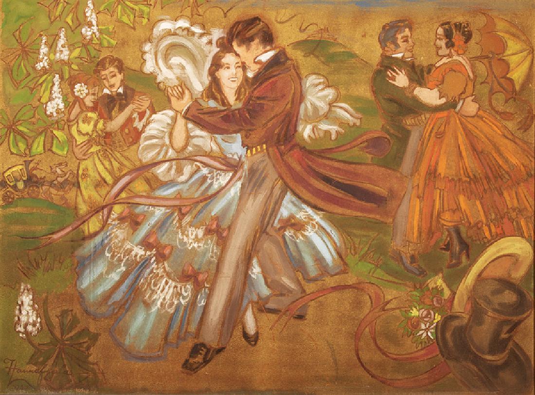 American School, 1947: American School, 1947, "Beaux and their Belles", mixed media on masonite, illegibly signed and dated lower left, 55 1/4 in. x 75 in., framed. Provenance: Tosca Café, San Francisco, CA, 2001
