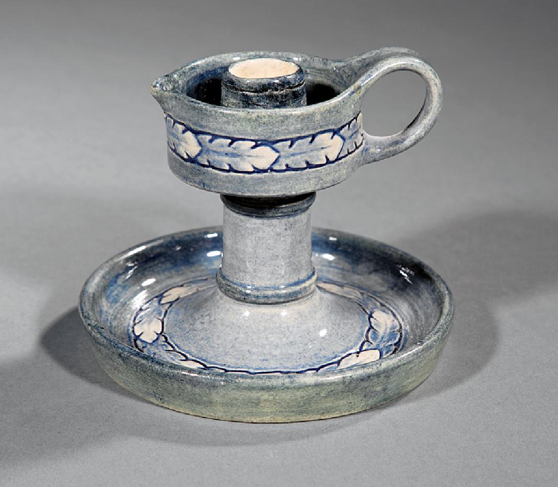 Newcomb College Art Pottery Chamberstick: Newcomb College Art Pottery High Glaze Chamberstick, 1909, decorated by May Louise Dunn, candle cup and base incised with bands of foliage, blue underglaze, base marked with Newcomb cipher, decorator'