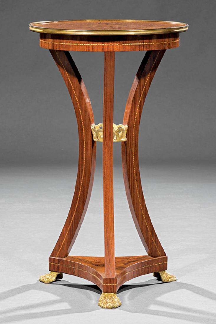 Marquetry, Kingwood, Gilt Metal-Mounted Gueridon: Neoclassical-Style Marquetry, Kingwood and Gilt Metal-Mounted Gueridon, circular top, incurvate legs, gilt basket stretcher, incurvate triangular plinth with gilt paw feet, h. 30 in., w. 17 1/2 in., d