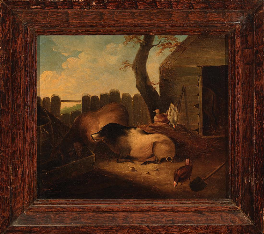 Dutch School, 19th c: Dutch School, 19th c., "Barnyard Scene with Pigs and Chickens", oil on canvas, unsigned, inscribed and collector labels en verso, 12 in. x 13 3/4 in., framed