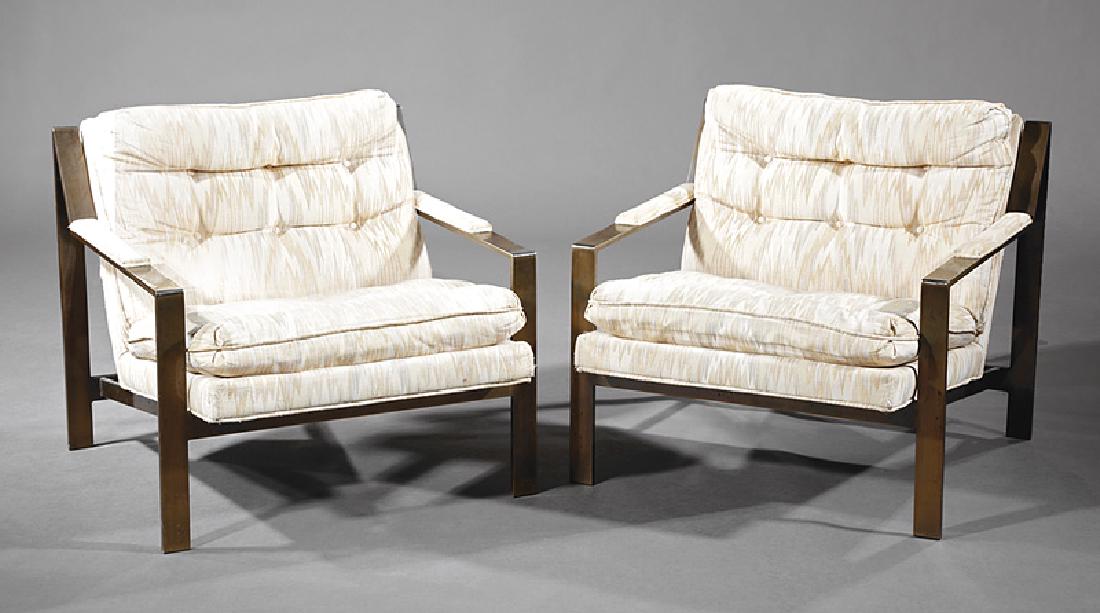 Pair of Cy Mann Lounge Chairs: Pair of Cy Mann Lounge Chairs, padded backs and arms, chrome frame, h. 26 3/4 in., w. 29 1/4 in., d. 32 in