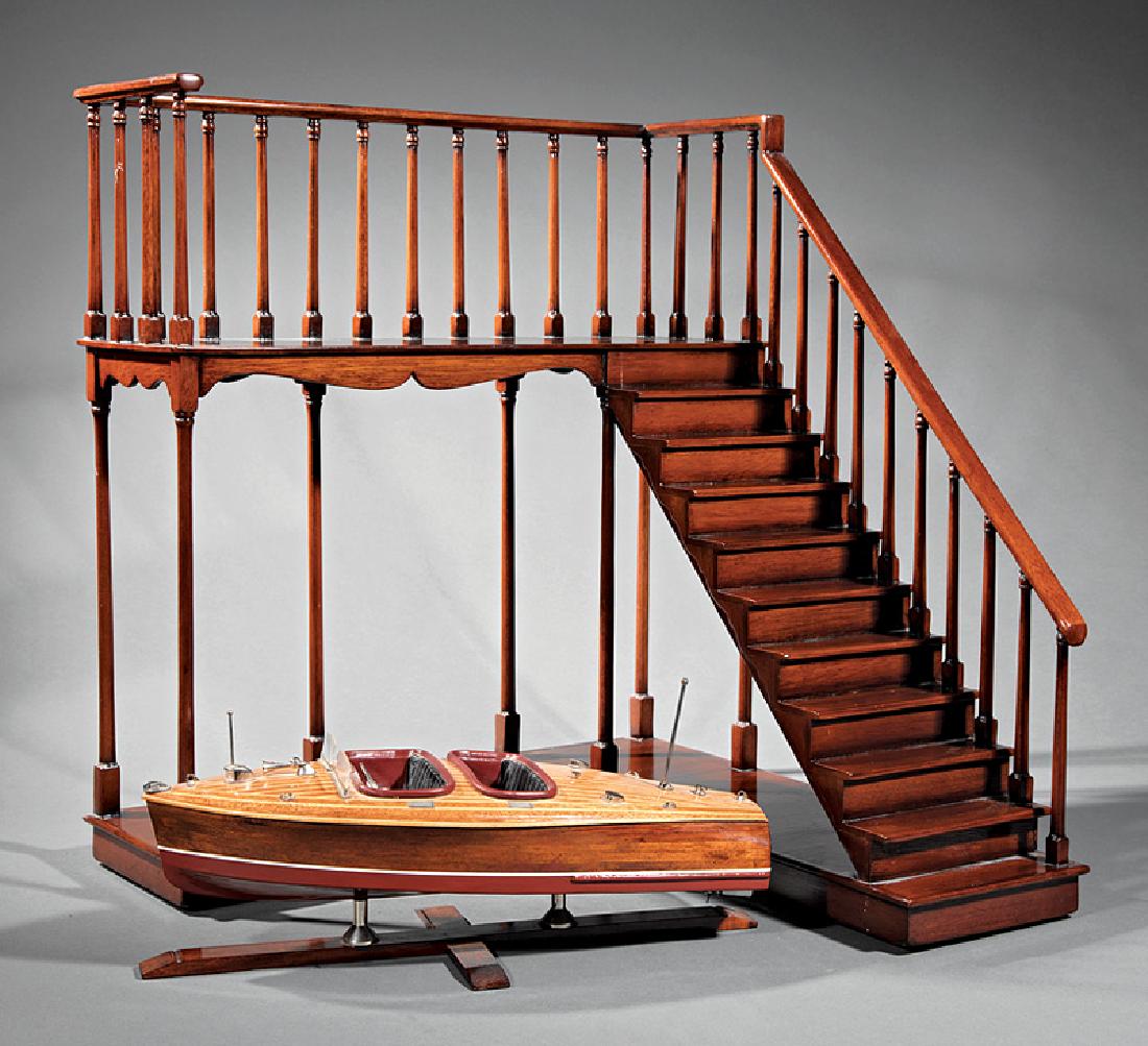 Architectural Model of a Staircase: Architectural Model of a Staircase, 20th c., h. 24 2/8 in., w. 22 in., d. 22 1/8 in.; together with a model of an early 20th c. wooden speed boat, metal fittings, on base, h. 7 1/2 in., w. 17 1/2 in.,