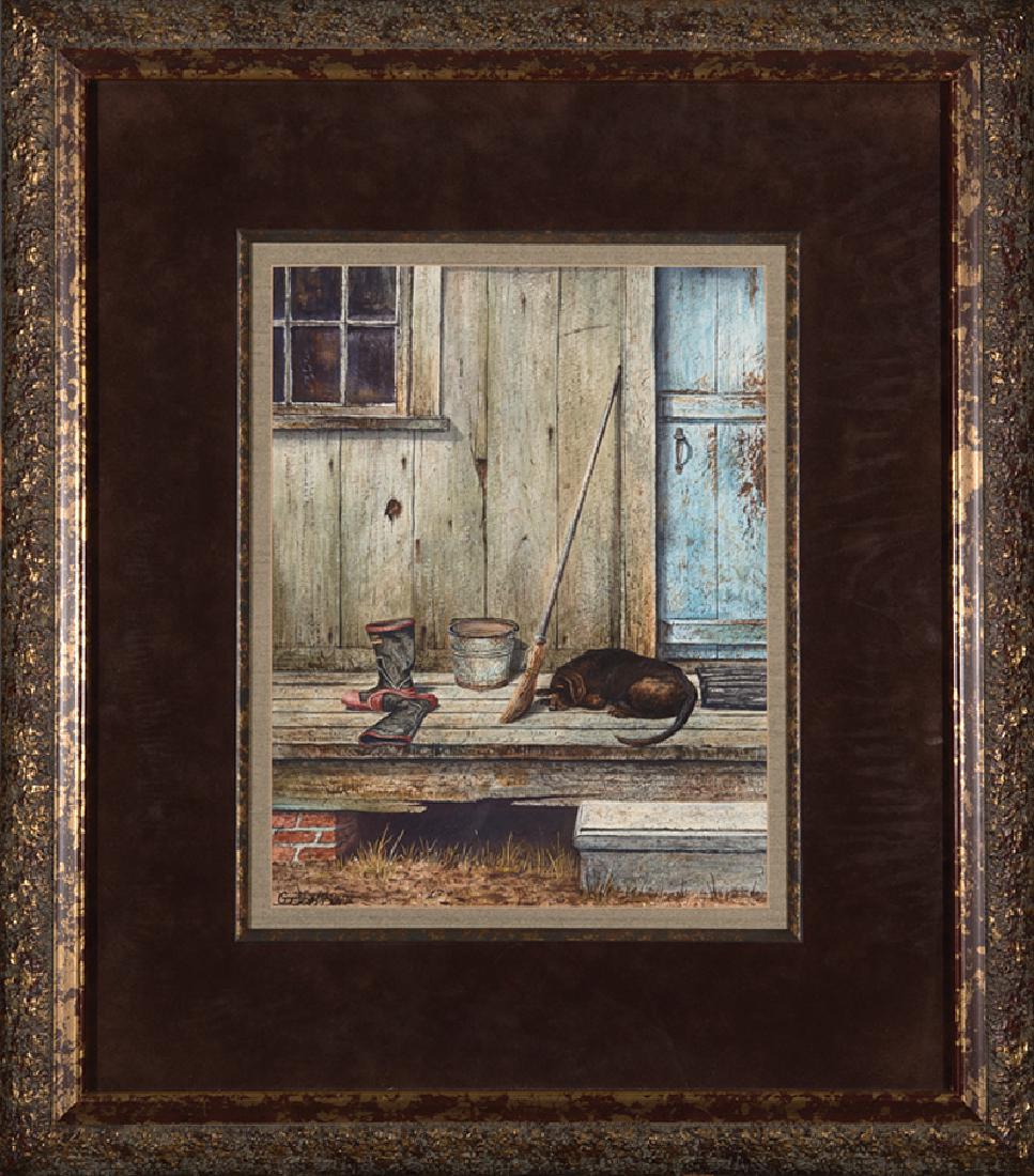 Gerard Thomas Johnson II (American/Mississippi): Gerard Thomas Johnson II (American/Mississippi, 20th c.), "Bubba's Boots (Still Life of Candlestick, Pipe and Book)", double-sided watercolor on paper, signed lower left, signed and titled en verso, 1