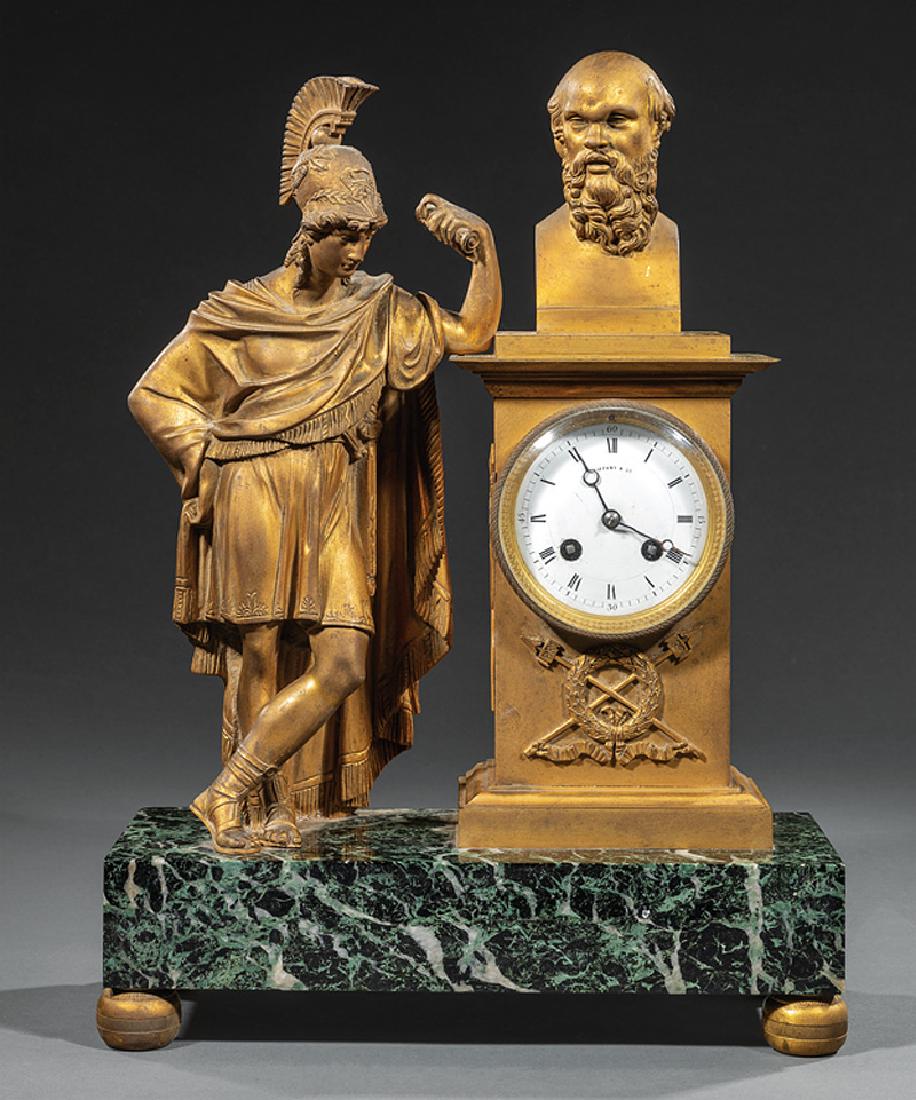 Beaux Arts Gilt Bronze Figural Mantel Clock: Beaux Arts Gilt Bronze Figural Mantel Clock, c. 1900, porcelain dial marked with retailer "TIFFANY & Co.", striking bell movement marked by Tiffany and Samuel Marti, Paris; the centurion standing next