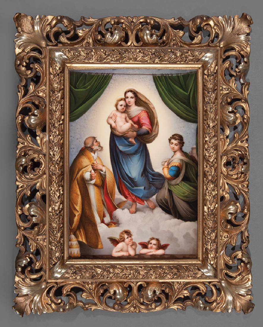 German Porcelain Plaque of the Sistine Madonna: German Porcelain Plaque of the Sistine Madonna, Theodor Lichtenberg, Dresden, after the painting by Raphael, giltwood frame, sight 9 3/4 in. x 6 5/8 in