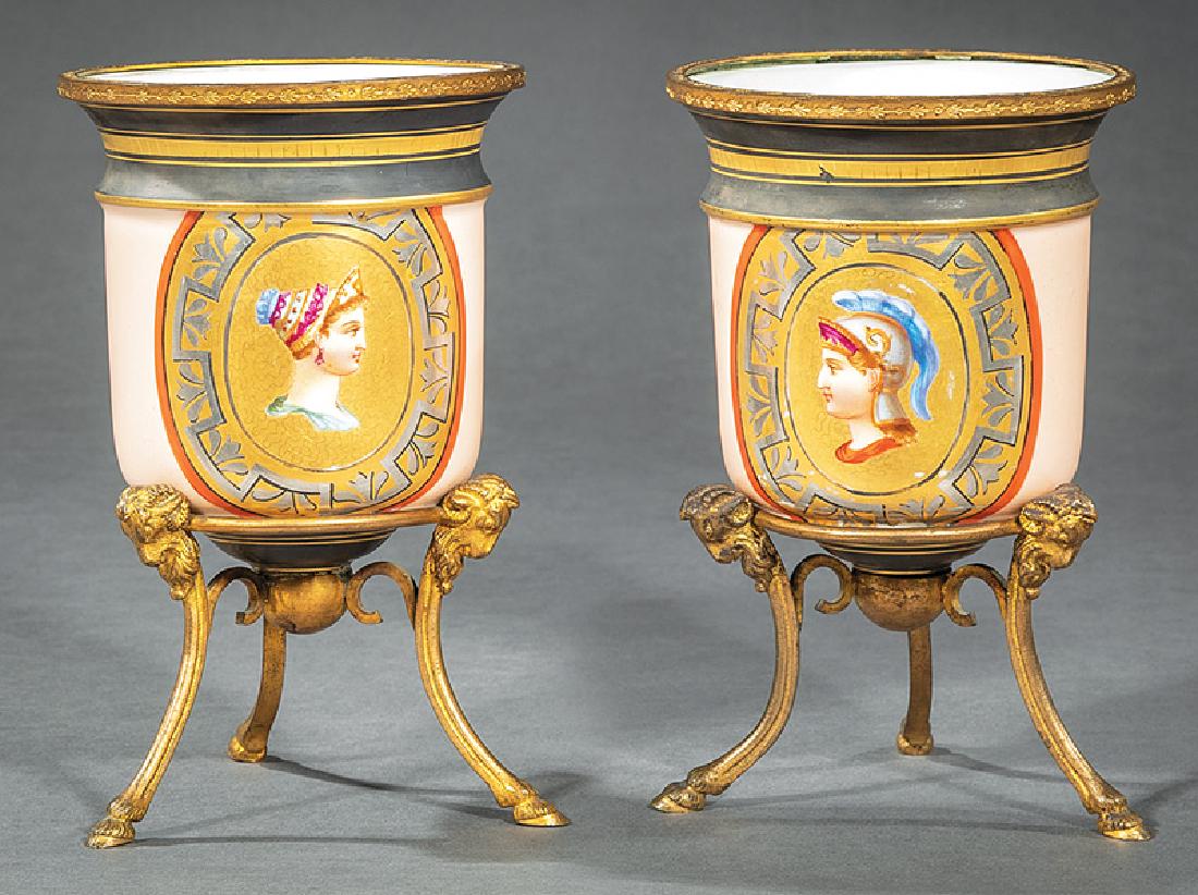 Empire-Style Porcelain Portrait Vases on Stands: Pair of Empire-Style Porcelain Portrait Vases on Stands, c. 1900, gilt metal mounts, hoof feet, h. 6 1/2 in., dia. 4 1/4 in