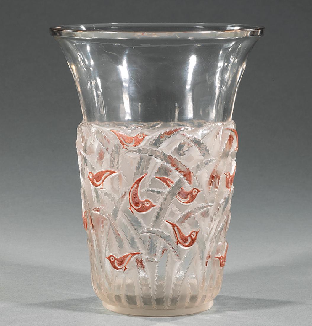 Lalique "Borneo" Vase: Lalique "Borneo" Vase, stenciled mark "R. LALIQUE/FRANCE", model introduced 1930, in clear and frosted glass with red enameled birds, small chips to foot rim, h. 9 3/8 in