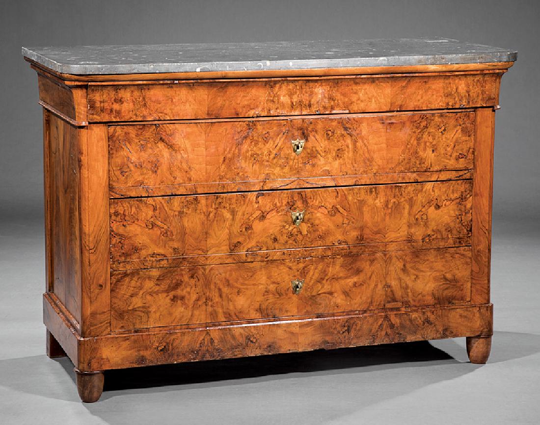 Louis Philippe Burlwood Commode: Louis Philippe Burlwood Commode, 19th c., marble top, frieze drawer over three graduated drawers, molded base, turned feet, h. 36 in., w. 52 in., d. 23 1/2 in