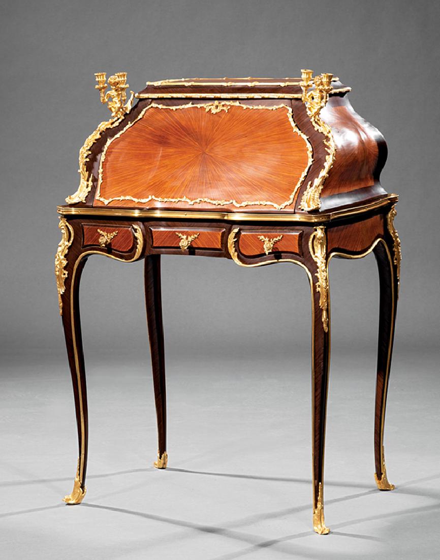 Louis XV-Style Bronze-Mounted Kingwood Escritoire: Louis XV-Style Bronze-Mounted Kingwood Escritoire, bombé top surmounted by figural two-light sconces, fall front door opens to fitted interior, three small frieze drawers, cabriole legs, sabots, h. 4