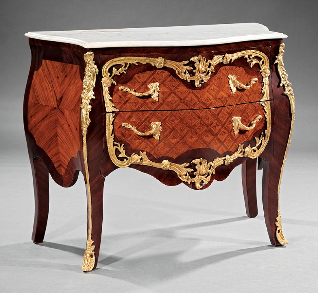 Bronze-Mounted Parquetry, Kingwood Bombe Commodes: Pair of Louis XV-Style Bronze-Mounted Parquetry and Kingwood Bombé Commodes, shaped marble top, two drawers, flared legs, sabots, h. 33 1/4 in., w. 40 in., d. 18 in