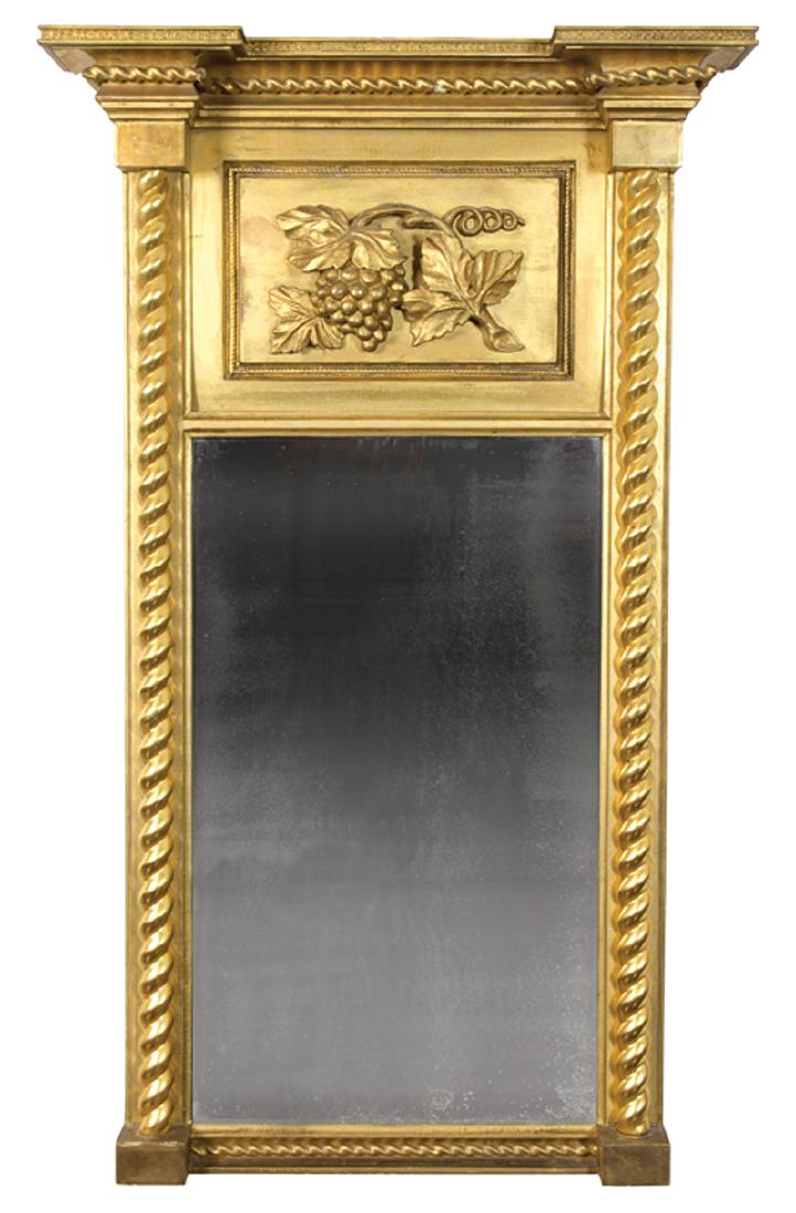 American Federal Giltwood Mirror: American Federal Giltwood Mirror, early 19th c., probably Boston, rope-molded cornice, reserve decorated with a carved grape cluster, spiral-turned stiles, blocked base, h. 46 in., w. 27 1/4 in. Prove
