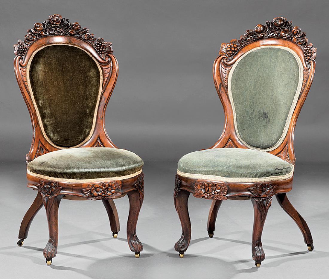 Laminated Rosewood Side Chairs, attr. Belter: Pair of American Rococo Carved and Laminated Rosewood Side Chairs, c. 1850-1860, attr. to John Henry Belter, New York, in the pattern commonly referred to as "Rosalie", fruit and floral-carved crest,