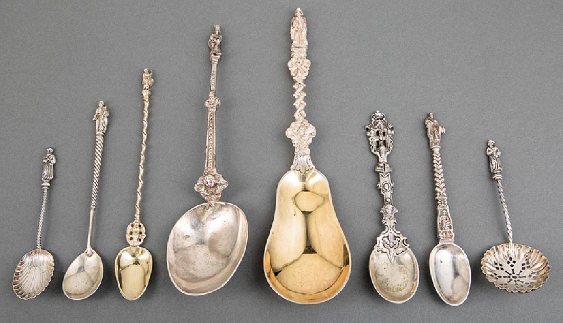 Continental Silver and Silverplate Apostle Spoons: Large Assorted Group of Continental Silver and Silverplate Apostle Spoons, incl. a cased set of 4 William Hutton & Sons silverplate serving spoons, a cased pair of William Hutton & Sons silverplate se