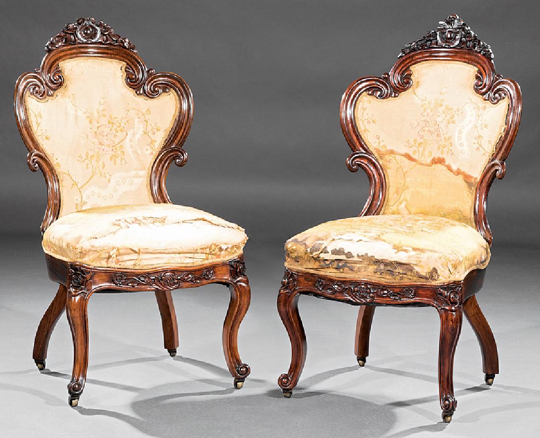 Laminated Rosewood Side Chairs attr. Belter: Pair of American Rococo Carved and Laminated Rosewood Side Chairs, c. 1850-1860, attr. to John Henry Belter, New York, applied floral crest centered by a cabochon medallion, incurvate scrolled crest r