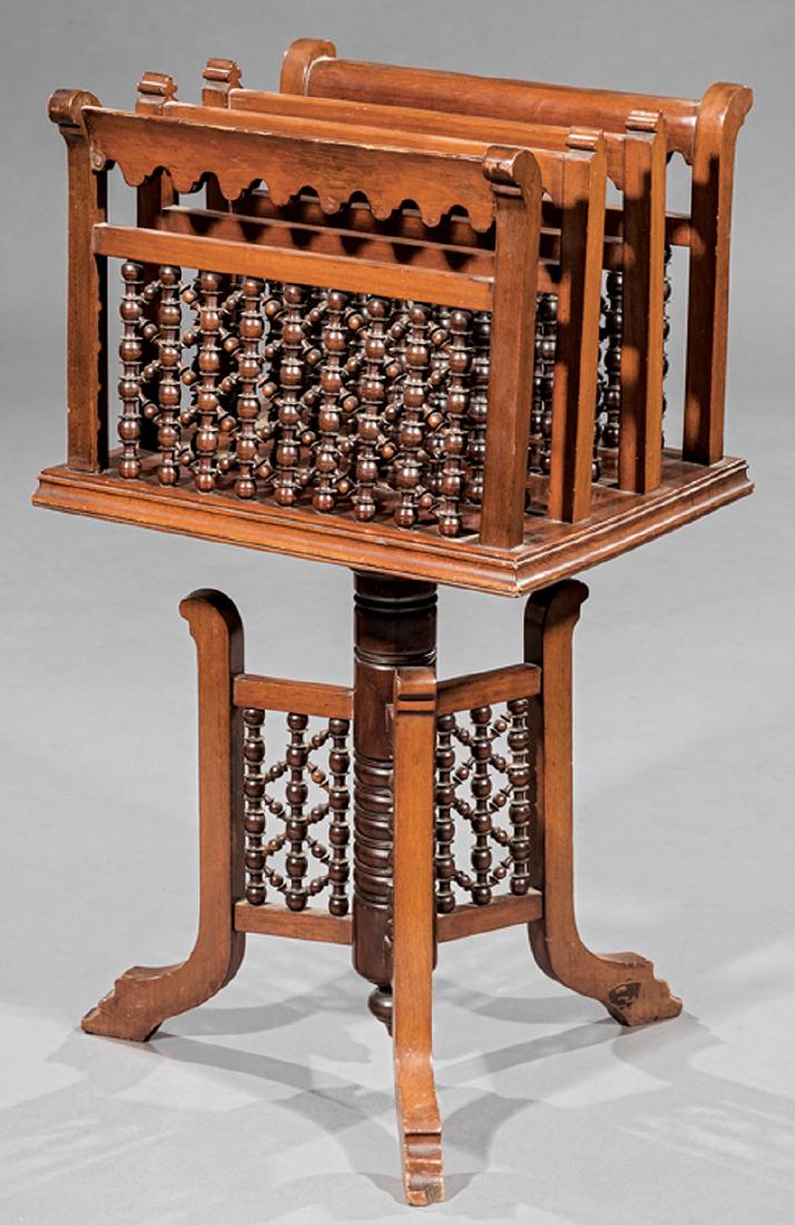 Syrian Carved Hardwood Canterbury: Antique Syrian Carved Hardwood Canterbury, late 19th c., bobbin-turned uprights, swivel top, turned standard, conforming base, shaped feet, h. 29 3/4 in., w. 16 3/8 in., d. 13 1/8 in