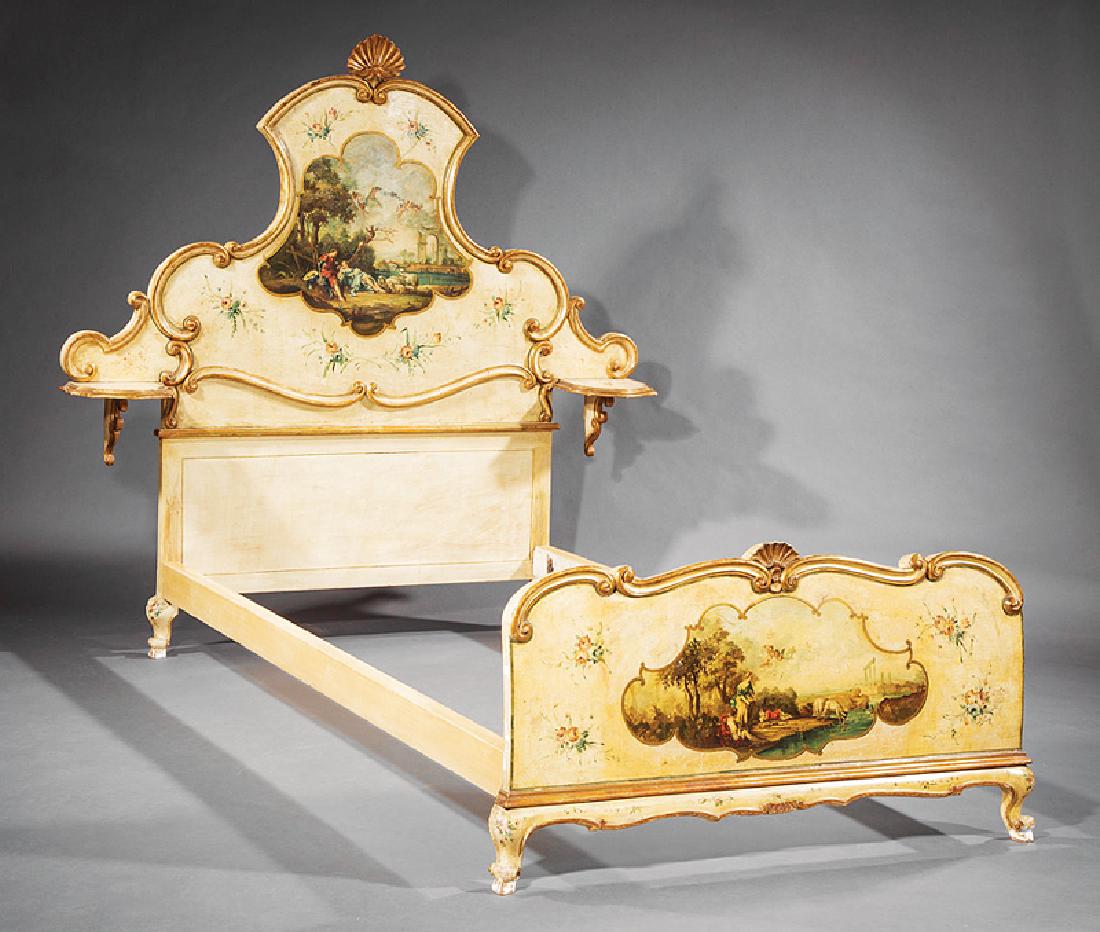 Venetian Carved, Painted and Parcel Gilt Bed: Venetian Carved, Painted and Parcel Gilt Bed, shaped headboard surmounted by a shell, classical reserve, flanking bracket shelves, conforming foot board, cabriole legs, h. 61 in., l. 76 in., w. 40 in