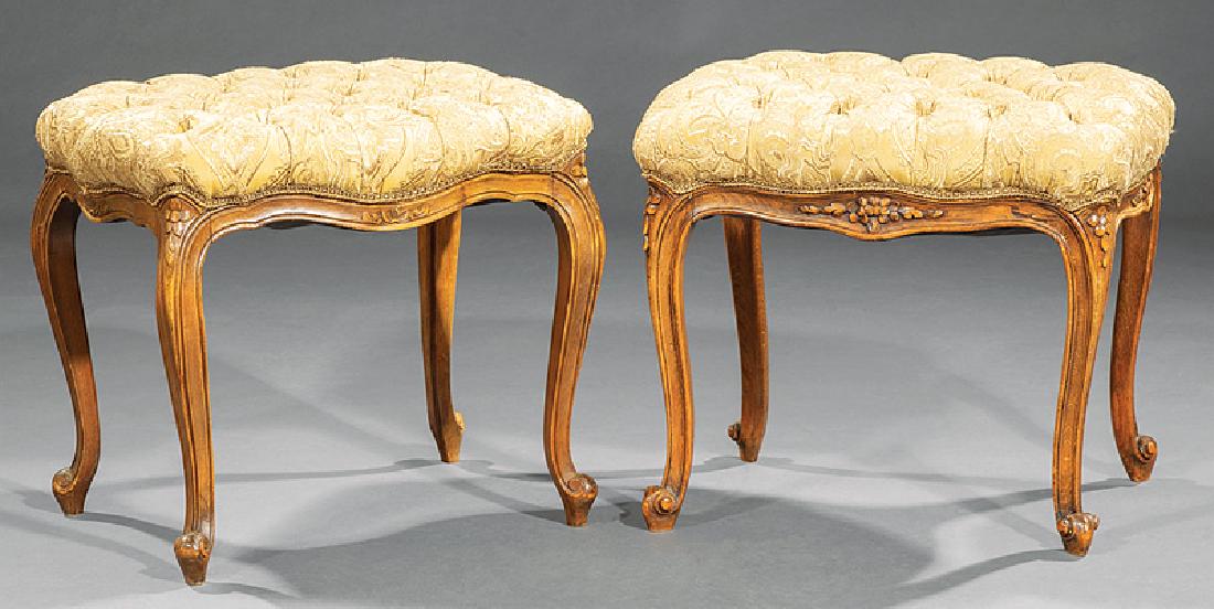Louis XV-Style Carved Fruitwood Footstools: Pair of Louis XV-Style Carved Fruitwood Footstools, tufted upholstered serpentine top, conforming seat rail, cabriole legs, h. 18 1/2 in., w. 20 1/2 in., d. 17 in