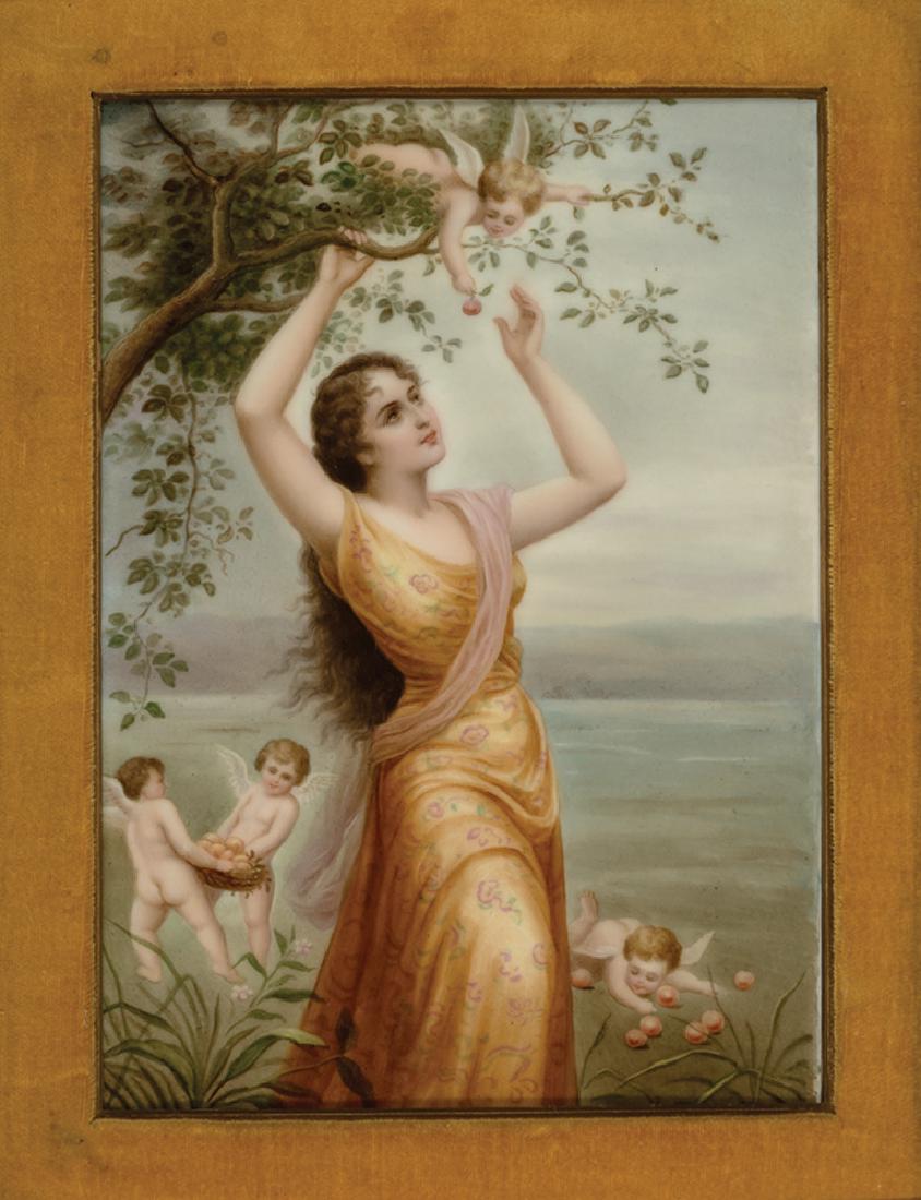 German Porcelain Plaque: German Porcelain Plaque, 19th c., attr. to Hutschenreuther, "Maiden Picking Fruit with Putti", "324" impressed en verso, 8 3/4 in. x 5 3/4 in., framed. Provenance: Estate of Gordon and Vera Noakes, De