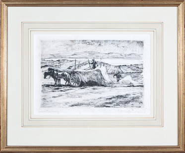 Ellsworth Woodward (American/Louisiana 1861-1939): Ellsworth Woodward (American/Louisiana, 1861-1939), "Loading Hay", 1936, etching, signed and dated in plate lower left, pencil-signed and titled lower margin, 8 in. x 12 in., framed. Provenance: Estat