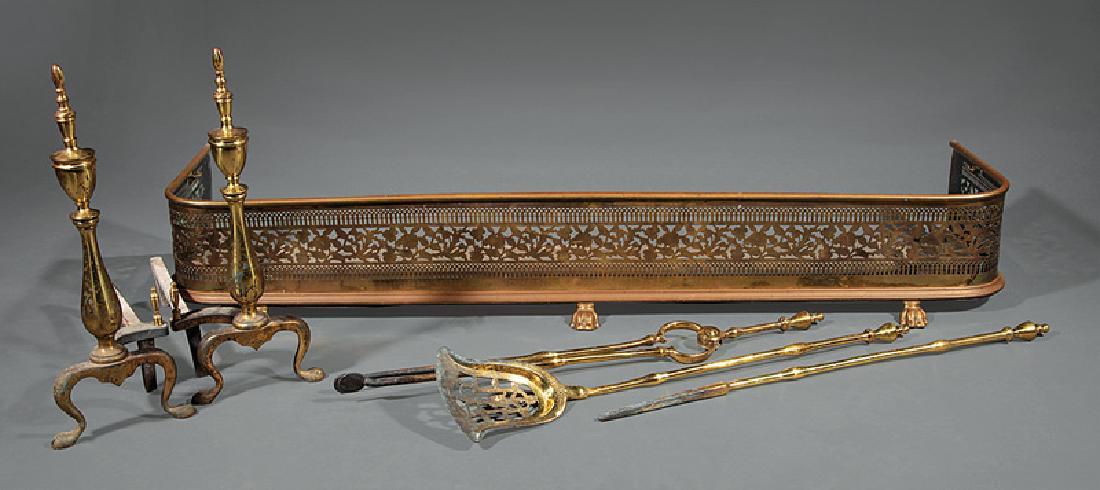 Group of English Brass Hearth Equipment: Group of Antique English Brass Hearth Equipment, 19th c., incl. pair of andirons, h. 20 in.; fire fender, w. 55 in.; and fire tools