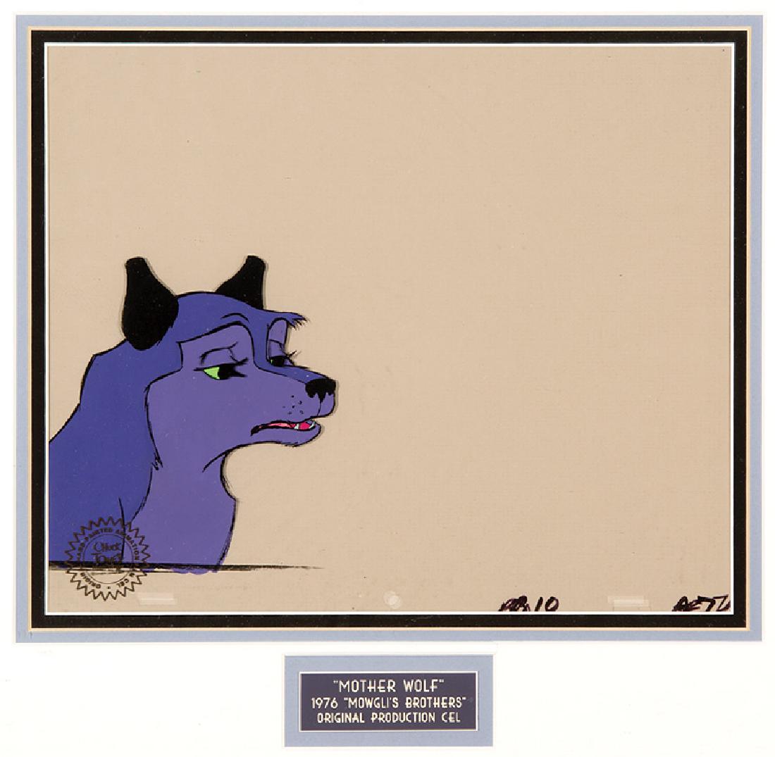 Warner Brothers Mother Wolf Cel: Warner Brothers Studios Animated Cel, "Mother Wolf", 1976, production cel from Mowgli's Brothers, "Chuck Jones Production Cel" stamp lower left, sight 9 1/2 in. x 11 1/2 in., framed; accompanied by co